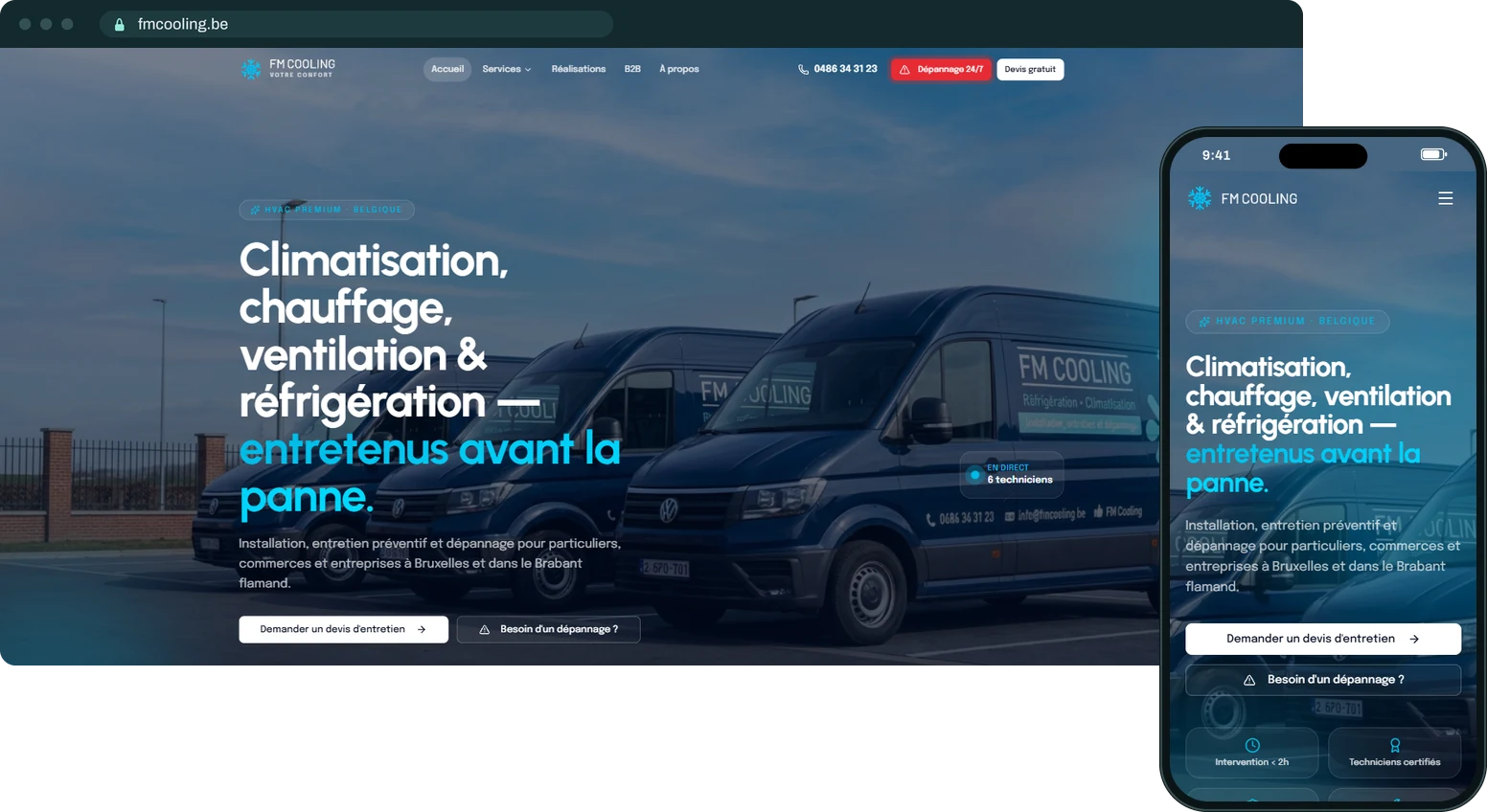 Site de FM Cooling, sur ordinateur et sur téléphone